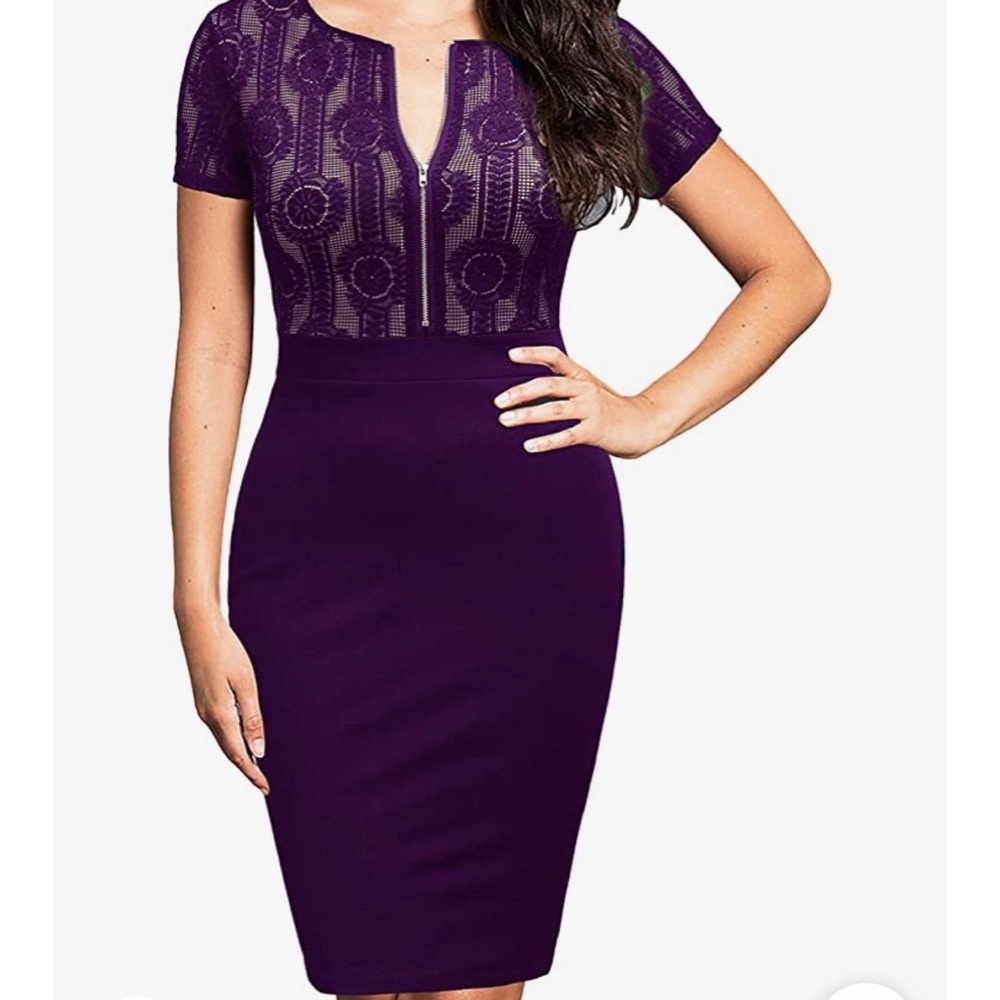 Purple pencil dress with front and back zipper. Size M.